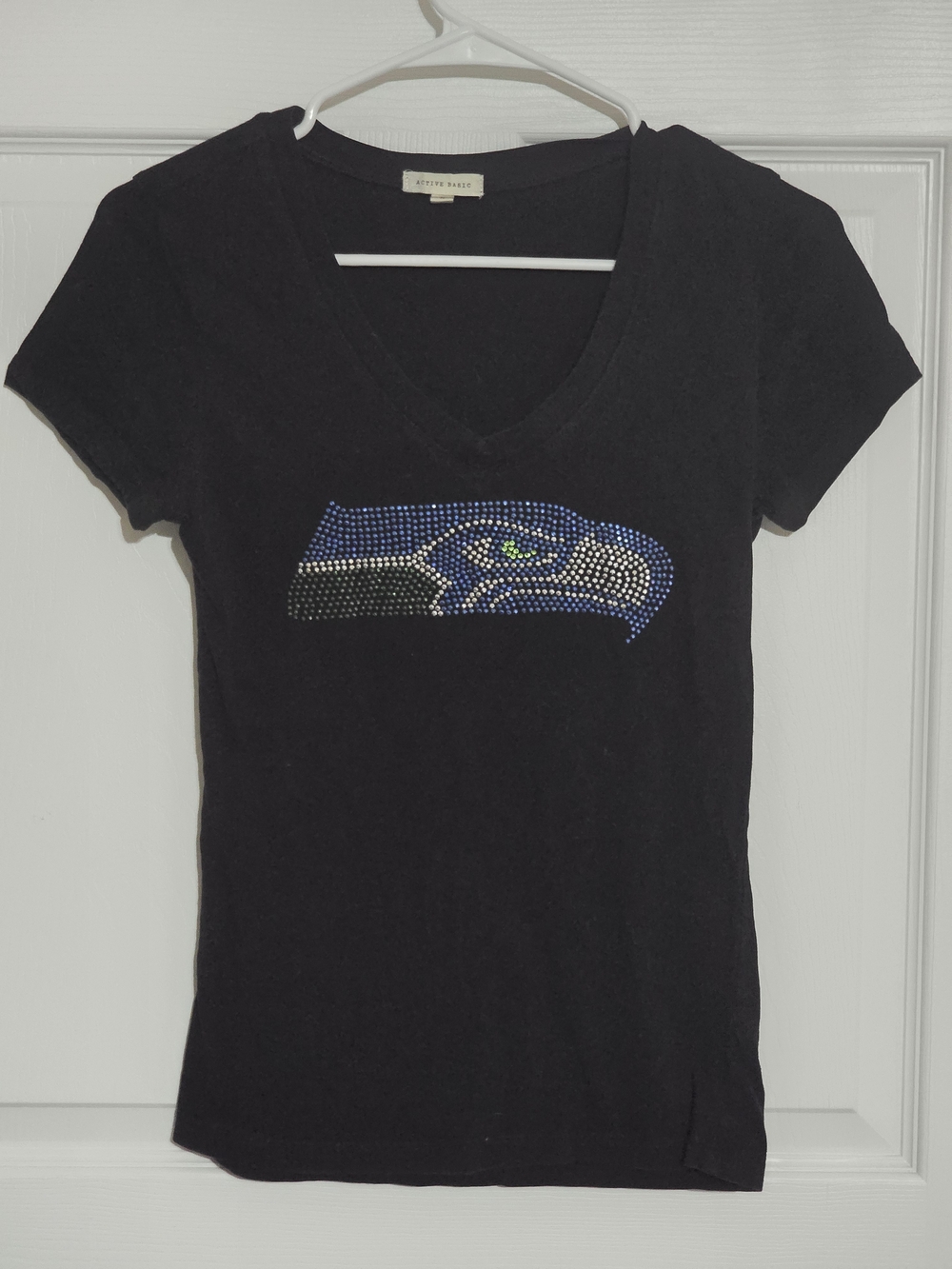 Active Basic Black V-Neck Tee with Blue, Green & Silver Rhinestone Logo